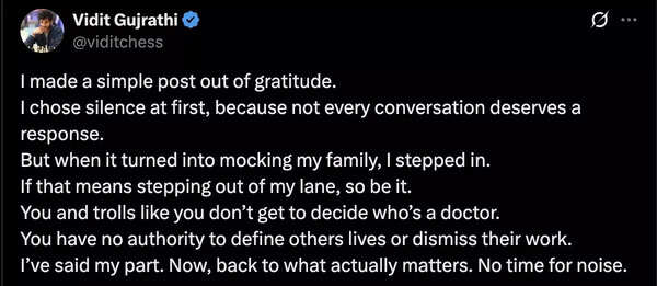 Vidit Gujrathi's appreciative social media post